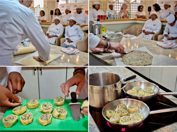 Collage of Chef Husser prepping Fleischschnacka.